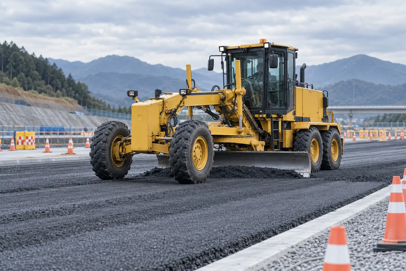 道路工事現場で路面を整えるグレーダー
