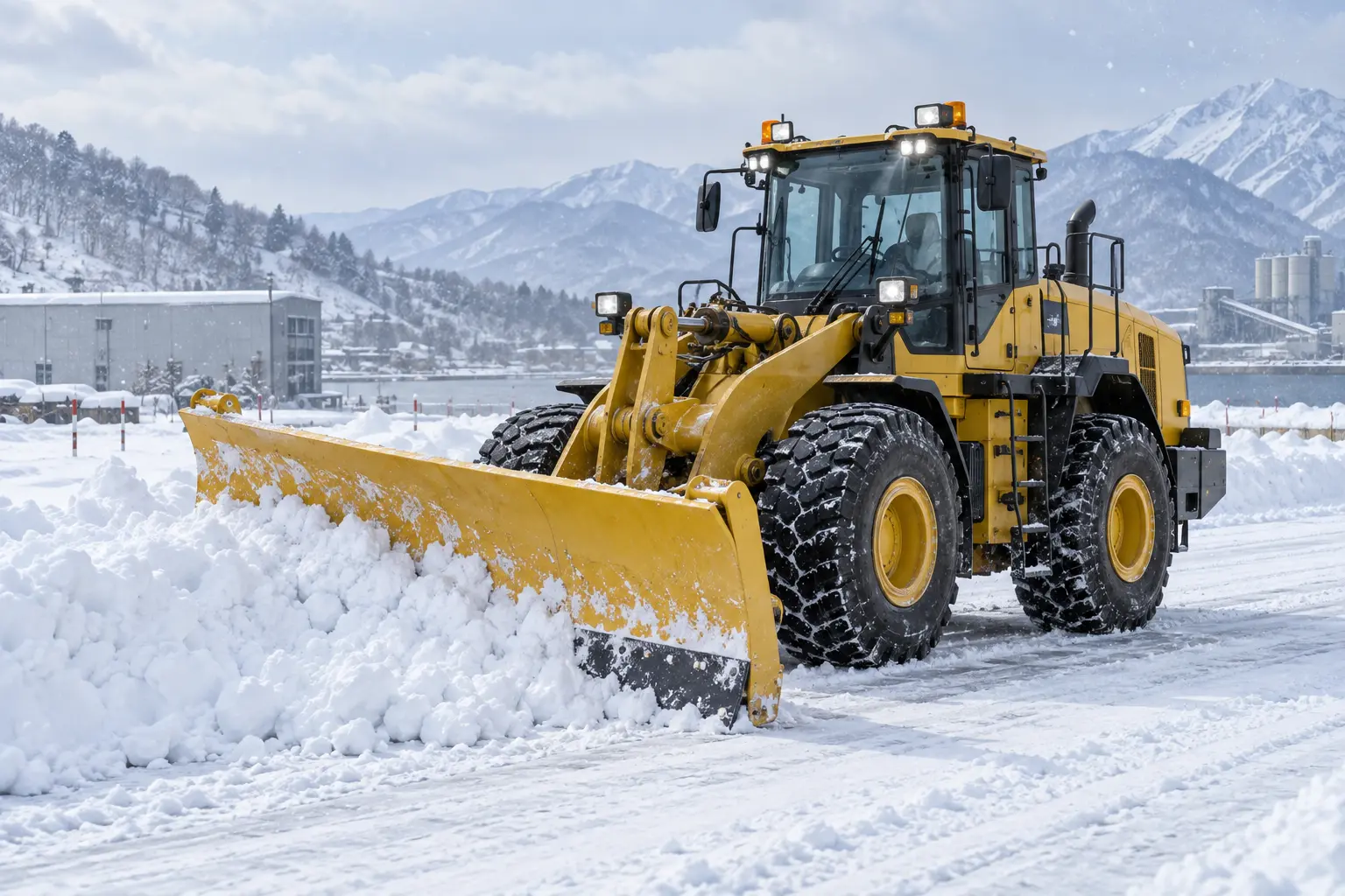 大型の除雪ブレードを装着して作業するショベルローダー